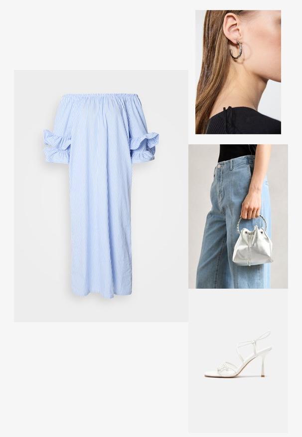 Haljina s otpuštenim ramenima u svijetloplavim i bijelim vertikalnim prugama, s kratkim nabranim rukavima i slobodnim krojem srednje dužine.; Bijele sandale s visokom potpeticom i trakama, ravno oblikovanim prstima, teksturiranim prednjim dijelom s naboranim detaljima i uskom trakicom oko gležnja.; Metalna srebrna torba s teksturiranim završetkom, ukrašena srebrnim okruglim drškom i zatvaranjem na vezanje, drži se uz svijetloplave traperice.; Srebrna kružna naušnica s poliranim završetkom, koja ima male zlatne detalje i okrugli oblik, nošena na uhu.