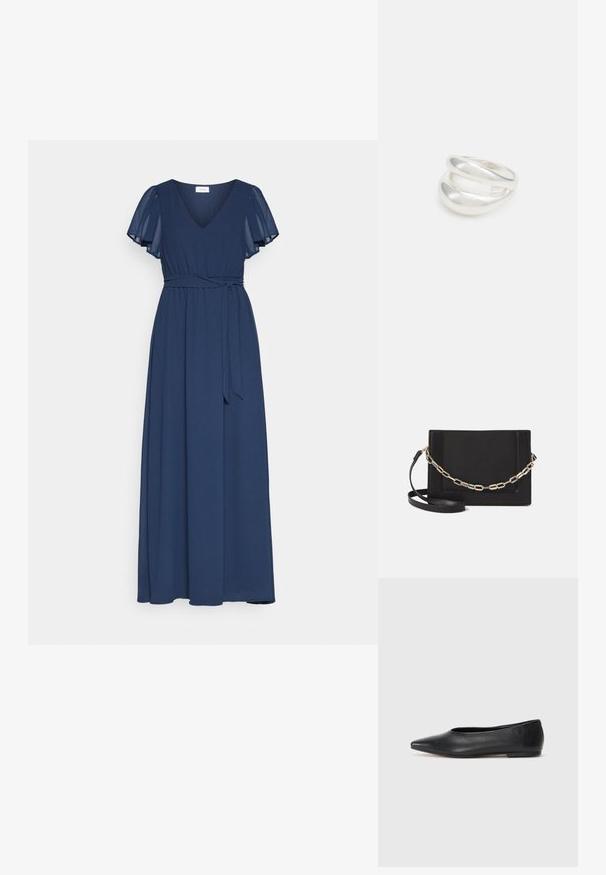 Mornarsko modra maksi obleka z V-izrezom, kratkimi prosojnimi rokavi s flutrom, prilegnjenim pasom in s trakom, izdelana iz gladkega, lahkega materiala.; Črne usnjene balerinke, koničast toe, minimalističen dizajn, gladka tekstura, nizka peta, brez vidnih kovinskih delov ali okraskov.; Črna usnjena torba čez ramo z gladko teksturo, pravokotno obliko in kovinskim verižnim detajlom spredaj. Vključena je nastavljiva naramnica.; Srebrn dvojni prstan z gladko, polirano površino. Ima tekoč, ukrivljen dizajn z prekrivajočimi se sekcijami za sodoben videz.; Srebrn dvojni prstan z gladko, polirano površino. Ima tekoč, ukrivljen dizajn z prekrivajočimi se sekcijami za sodoben videz.