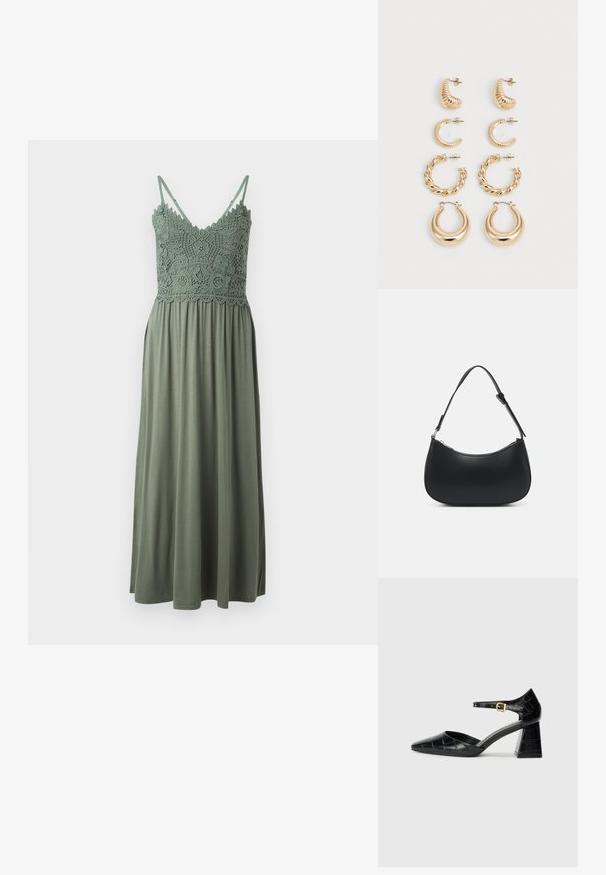 Zelené maxi šaty s háčkovaným živůtkem a ramínky na tenké šňůrky, s volnou spodní částí vyrobenou z měkké, lehké tkaniny.; Černá laková kožená lodička na vysokém podpatku s špičatou špičkou, kotníkovým páskem a texturovaným krokodýlím vzorem. Design čtvercového bloku podpatku.; Pieces PCALUANA SHOULDER BAG - Kabelka - black; Sada pěti zlatých náušnic s různými designy: zkroucené, žebrované a hladké povrchy ve tvaru kruhu a půlměsíce.