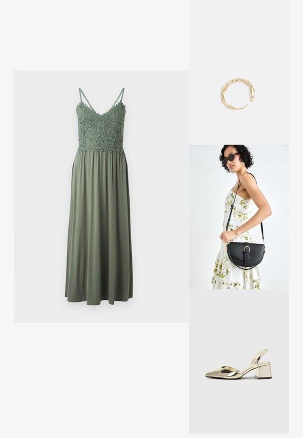Zelena maksi obleka s kvačkanim bodicem in tankimi naramnicami, z rahlo tokajočim spodnjim delom iz mehkega, lahkotnega materiala.; Zlati, kovinski slingback čeveljci z ostrim nosom in masivnim peto. Gladka tekstura, minimalistična zasnova in ozka zanka.; Črna usnjena torbica s ukrivljeno obliko, z odstranljivo naramnico in zlatimi dodatki. Torbica ima pokrov s podrobnostmi v obliki zaponke.; Zlati prstan s organskim, zvitim dizajnom, gladko površino in taperiranimi konci, ki ustvarja modernega, skulpturalnega videza.