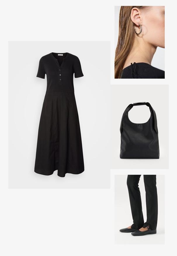 Rochie neagră cu mâneci scurte, corset cu dungi, și decolteu cu nasturi. Design cu fustă evazată, textură fină, până la genunchi.; Balerini din piele neagră, cu vârf ascuțit, curea cu cataramă argintie, asortați cu pantaloni negri tailoring cu tiv despicat.; Geantă hobo din piele neagră, cu un singur mânere moale și rotunjit; are o textură fină și un design minimalist. Fără accesorii sau detalii vizibile.; Cercel din argint cu un finisaj polișat, având detalii mici din aur și o formă rotundă, purtat pe lobul urechii.