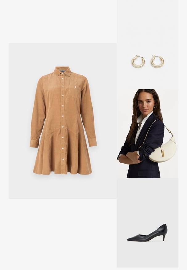 Ruda korduroinė suknelė-marškiniai su liemens siūle, ilgomis rankovėmis, apykakle, priekyje sagomis ir kišene kairėje krūtinės pusėje.; Juodi odiniai aukštakulniai su smailiu priekeliu ir žemu kulnu. Turi lygią tekstūrą ir subtilų blizgesį. Priekyje yra atvira anga, suteikianti papildomo detalių.; Balta odinė rankinė, lenkto dizaino, su auksiniais elementais ir tekstūruota apdaila, dėvima su tamsiu švarku ir baltu marškiniu.; Lauren Ralph Lauren BASIC SMALL HOOP - Auskarai - gold-coloured