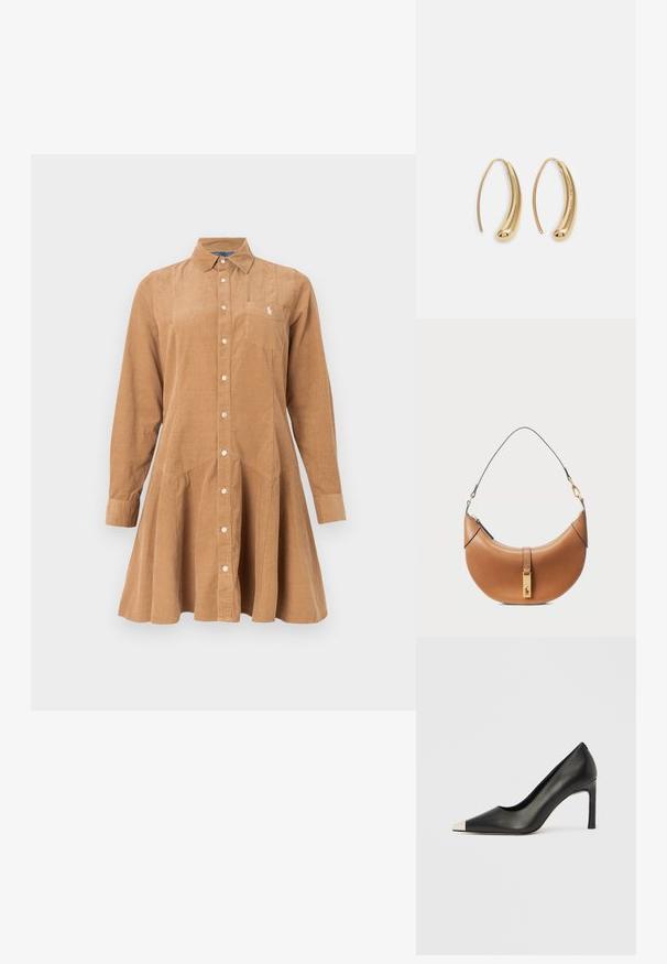 Ruda korduroinė suknelė-marškiniai su liemens siūle, ilgomis rankovėmis, apykakle, priekyje sagomis ir kišene kairėje krūtinės pusėje.; Juodas odinis aukštakulnis batelis su smailia nosimi ir metaliniu sidabriniu galiuku. Turi lygų paviršių ir ploną 10 cm kulną.; Šviesiai rudos odos rankinė su kreiva forma, auksiniais aksesuarais ir plonu petiniu diržu. Yra užtrauktuko uždarymas ir logotipo detalė priekyje.; Auksinės metalinės auskarų kabės su lenktą, pailgą forma. Turi lygų, blizgantį paviršių ir užapvalintą galiuką papildomam akcentui.