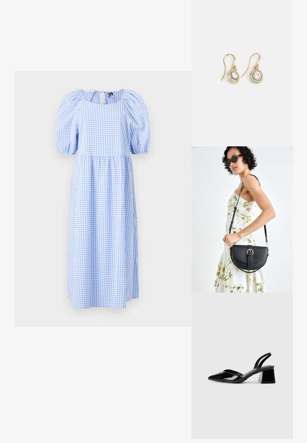 Modra in bela karirana midi obleka s puff rokavi, kvadratnim izrezom in zbranimi v pasu. Narejena iz lahkotnega materiala z lahkotnim dizajnom.; Črne lakirane slingback pete s koničastim nosom in geometrijsko blokasto peto. Imajo eleganten, minimalističen dizajn in gladko teksturo.; Črna usnjena torbica s ukrivljeno obliko, z odstranljivo naramnico in zlatimi dodatki. Torbica ima pokrov s podrobnostmi v obliki zaponke.; Zlato obarvani uhani z ovalnimi prozornimi kristali, ki jih obdajajo manjši prozorni kamenčki, s sistemom za oblačenje za varno nošenje.