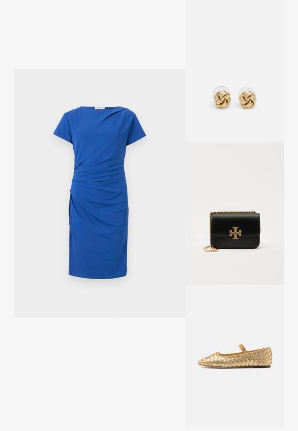 Robe bleue à manches courtes, taille drapée et longueur au genou. Fabriquée en tissu extensible, avec une texture lisse et un design minimal.; Loeffler Randall LEONIE SOFT BALLET FLAT - Babies - gold; Sac à main en cuir noir avec une chaîne dorée et un accent logo. À forme rectangulaire avec un rabat. Texture lisse.; Boucles d'oreilles avec clou en métal doré et design torsadé. Chaque boucle d'oreille est dotée d'un arrière transparent circulaire pour un port sécurisé.