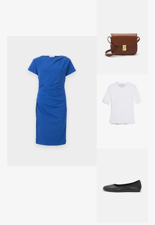 Sinine kleit lühikeste varrukatega, drapeeritud vöökoha ja põlvekõrguse äärega. Valmistatud venivast kangast, millel on sile tekstuur ja minimalistlik disain.; Valge lühikeste varrukatega T-särk ribatud kangast. Ümara kaelusega, tavalisest sobivusest ja peente õmbluse detailidega. Ilma mustrite või graafikateta.; Musthave mustika tantsutossud mustast nahast, ümmarguse varbaga, siledast tekstuurist, minimaalse õmblusdetailiga ja paindliku tallakujundusega.; Pruunist nahast käekott, millel on klapiga sulgur, kuldne riistvara, õlarihm ja sile tekstuur. Kompaktne ristkülikukujuline vorm.