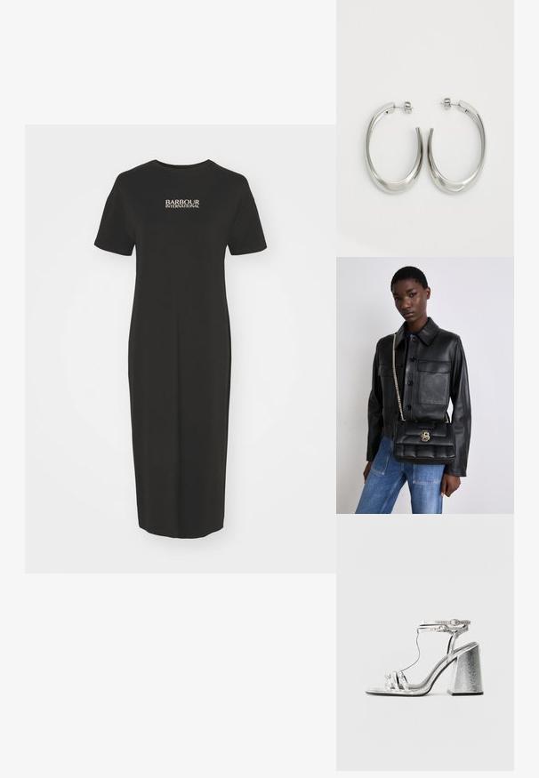 Barbour International SOFIA MIDI DRESS - Jersey dress - black; Silver heeled sandal with a block heel, featuring thin straps and an ankle buckle. The material has a metallic finish with a textured appearance.; Black leather jacket with button closure and two front pockets, paired with a black quilted handbag featuring a gold clasp and chain strap.; Silver hoop earrings with a smooth, curved design. Features a shiny metallic finish and stud closure. No visible patterns or accents.