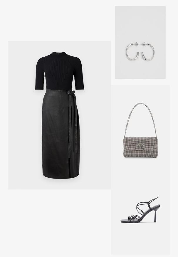 Čierny pruhovaný top s krátkym rukávom doplnený vysokým pásom z čiernej koženej sukne po lýtka, s mašľou zaviazanou na boku.; Čierne sandále na vysokom podpätku majú tenké remienky s uzlovým dizajnom, hladký štvorcový špičku a elegantný stiletto podpätok.; Svetlošedá metalická kabelka s reťazovým popruhom, ozdobená malými kruhovými kovovými štítkami a trojuholníkovým logom značky.; Strieborné kruhové náušnice s hladkým a lesklým povrchom. Okrúhly tvar, ľahký dizajn, s uzáverom na kolík.