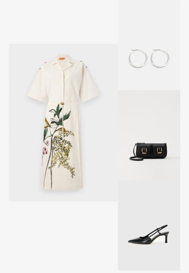 Stripete beige skjortekjole med korte ermer, krage og blomster mønster i grønn og gul. Har en midjebånd og gullknapp detalj.; Sorte patent slingback hæl med spids tå, featuring tekstureret slangeskind, justerbar rem og en kort, tekstureret blokhæl.; Svart skinn crossbody veske med to frontlommer, gyldne spenner, glidelåslukking og en slank stropp. Teksturert overflate og kompakt rektangulær form.; Sølv hoop øredobber har et jevnt, avrundet design med en tynn profil og sikker lås. Minimalistisk stil med en polert finish.