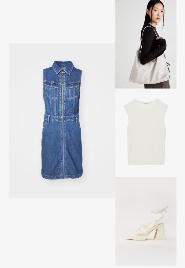 Džinsinė suknelė be rankovių su priekiniais užtrauktukais, apykakle, dviem krūtinės kišenėmis ir diržu juosmenyje. Savybės: mėlyna medžiaga ir geltonos detalės.; Balta be rankovių palaidinė su apvaliu kaklu. Pagaminta iš lygios medžiagos, ji turi laisvą siluetą ir minimalistinį dizainą. Be raštų ar akcentų.; Balti aukštakulniai sandalai su masyviu kulnu, su dirželių dizainu ir kulkšnies raiščiu. Lygi tekstūra su platforma priekyje, suteikianti papildomą aukštį.; Bežinė rankinė, pagaminta iš minkštos medžiagos, turinti laisvą dizainą, siuvinėtas detalės ir dvi petnešos. Tinkama kasdieniam naudojimui.