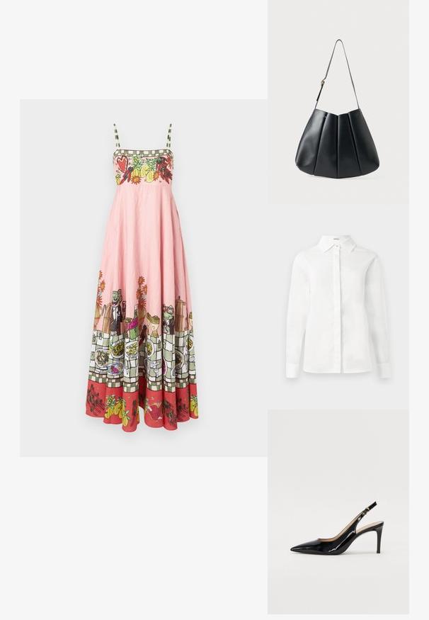 Vaaleanpunainen puuvillamekko, jossa on spagettiolkaimet. Mekko on koristeltu printillä, jossa on hauskoja hahmoja ja keittiötarvikkeita helmassa.; Valkoinen pitkähihaiseksi paita, joka on valmistettu sileästä puuvillasta. Paita sisältää terävän kauluksen, keskitetyn nappilistauksen ja suoran helman nappihaaroilla.; Musta lakattu nahkainen slingback-korkokenkä, jossa on terävä kärki, kapea korko ja hillitty leikkaussuunnittelu. Varressa on kultainen solki.; Mustassa nahkassa olkalaukku, jossa on poimuttunut muotoilu, sileä pinta, yksi hihna ja hienovarainen kultainen yksityiskohta.