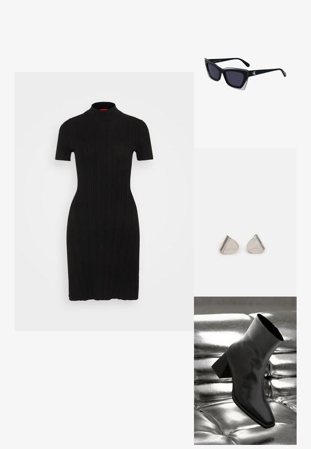Rochie neagră cu dungi, cu guler înalt și mâneci scurte. Proiectată cu o siluetă ajustată și o textură netedă. Fără modele sau accente notabile.; Cizme negre până la gleznă, realizate dintr-un material lucios, cu vârf pătrat și toc conic, plasate pe un fundal strălucitor de argint, cu un model tuftat.; Ochelari de soare supradimensionați, negri, cu o formă geometrică, având lentile întunecate și un detaliu gri contrastant pe ramă. Logo pe braț.; Cercei din metal argintiu cu o formă netedă, în formă de lacrimă și un finisaj lucios. Gravuri subtile adaugă detalii. Design minimalist.