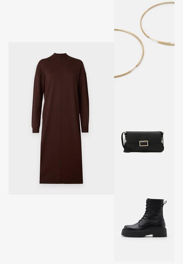 Pruun pikka varrukaga kleit, millel on kõrge krae, sirge lõige ja õmblusteta disain külgmiste lõhikute abil, mis võimaldavad mugavust ja liikumisvabadust.; Mustad mustad nahast pahkluu saapad ümarate varvastega, nööridega esiosas ja paksu kummist talla ning tekstuuritud mustriga. Tagumine tõmbeaas.; Must haben musta nahkklahviga kott, millel on klapp ja kuldne metallist pandla detail. Kaasas must rihm ja stiilne, minimalistlik disain.; Kulla värvi nõelad, õhukesed ja ümmargused, millel on sile metallist pind ja ilma kaunistuste või mustriteta.