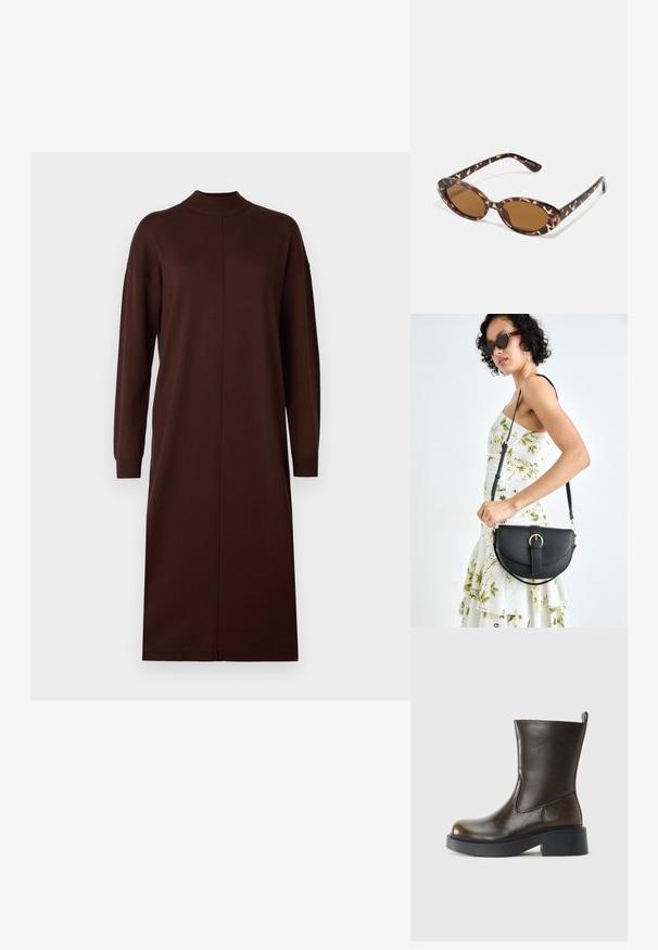Barna, hosszú ujjú ruha, magas gallérral, egyenes szabással és varrás nélküli kialakítással, oldalsó hasítékokkal a mozgás könnyítése érdekében.; Sötétbarna, középig érő bőrcsizma, lekerekített orral, vastag fekete talppal, alacsony block sarkal és hátsó húzókával.; Teknősbéka mintás napszemüveg, ovális lencsékkel, barna árnyalatú, vékony karokkal, amelyek texturált mintával rendelkeznek, könnyű műanyag keret.; Fekete bőrtáska ívelt formával, levehető pánttal és arany színű fémrészekkel. A táskán egy csattal díszített fedél található.