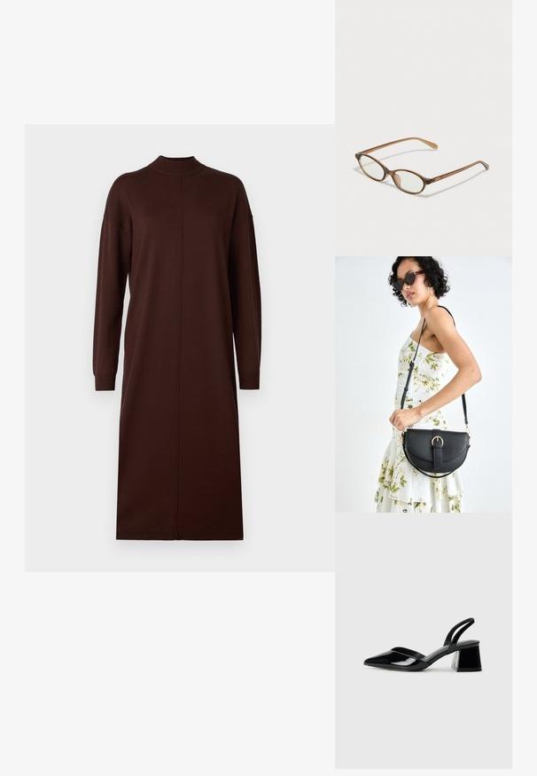 Abito lungo marrone a maniche lunghe con colletto alto, taglio dritto e design senza cuciture, caratterizzato da spacchi laterali per facilitare i movimenti.; Décolleté in vernice nera con punta affusolata e tacco in geometria cubica. Presentano un design elegante e minimalista, con una texture liscia.; Occhiali tortoiseshell marroni con lenti ovali, aste sottili e dettagli trasparenti. Presentano un logo sottile sulla tempia. Design elegante e leggero.; Borsa a tracolla nera in pelle con una forma curva, manico rimovibile e accessori dorati. La borsa presenta una patta con un dettaglio a fibbia.