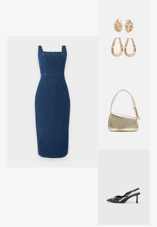 Vestido de ganga em azul profundo com decote quadrado, design justo, detalhes de costura visíveis e comprimento midi. Textura suave sem padrões adicionais.; Sapato slingback preto em pele patentada com bico apontado, tiras no tornozelo apresentando fivelas e acessórios prateados, e um salto elegante.; Bolsa de mão metálica dourada com um design estruturado, textura suave e alça ajustável. Apresenta uma forma triangular única e costura minimalista.; Brincos em tom de ouro com formas onduladas e texturizadas. Inclui studs escultóricos com presilha e um design de argola aberta com um acabamento martelado.