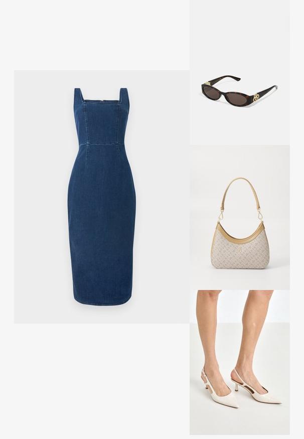 Denimjurk in diepblauw met vierkante halslijn, getailleerd ontwerp, zichtbare naaddetails en midi-lengte. Glad oppervlak zonder extra patronen.; Beige gepatineerde leren slingback hakken met een spitze neus en een hak van 5 cm, met uitsparingen aan de zijkanten en een dunne enkelband.; Schildpadbril met langwerpige ovale lenzen, bruine tint, gouden logo-accenten op de pootjes en slanke zwarte armen.; Beige handtas met een patroon en een gebogen vorm, leren accenten en een goudkleurig logo aan de voorkant. Beschikt over een kort handvat voor gemakkelijk dragen.