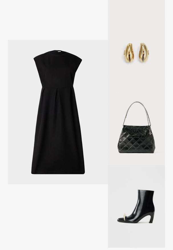 Bally - Sukienka koktajlowa; Czarne botki za kostkę wykonane z połyskującej skóry, z noskiem w kształcie szpica i dekoracyjnym złotym oraz srebrnym akcentem z przodu. Projekt słupkowego obcasa.; Czarna pikowana skórzana torebka na ramię z srebrnym łańcuszkiem, o usztywnionej konstrukcji i gładkiej fakturze.; Złote kolczyki o płynnej, zakrzywionej formie. Każdy kolczyk ma gładką powierzchnię i mały zapięcie z dekoracyjnym detalem.