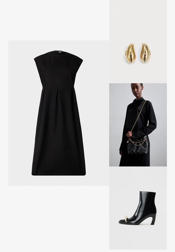 Bally Robe de soirée - black; Bottine noire en cuir brillant, avec un bout pointu et un accent décoratif en or et argent à l'avant. Design à talon carré.; Sac à main en cuir matelassé noir avec un dessus froncé, une bandoulière en chaîne dorée et une forme rectangulaire, tenu contre un fond uni.; Boucles d'oreilles en ton or avec un design fluide et courbé. Chaque boucle d'oreille présente une surface lisse et un petit fermoir avec un détail décoratif.