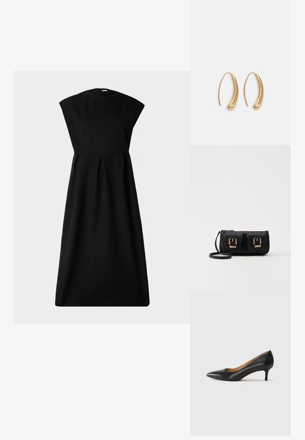 Bally Koktélruha / Partiruha - black; Fekete bőrpumpa hegyes orral, alacsony sarokkal és sima felülettel. Elöl enyhe nyílással rendelkezik, hátul pedig minimális részletezéssel.; Fekete bőr keresztbody táska két elülső zsebbel, arany csattokkal, cipzáras záródással és vékony pánttal. Textúrált felület és kompakt téglalap alak.; Aranyszínű fémből készült karika fülbevalók ívelt, hosszúkás formával. Simaságával és fényes felületével, valamint lekerekített végével további részletekkel bővül.