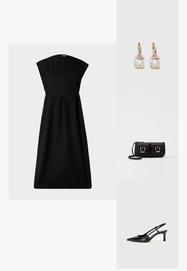 Bally Koktailové šaty/večierkové šaty - black; Čierne patentové slingback topánky na ihlovom podpätku s špicatou špičkou, s textúrovaným hadím vzorom, nastaviteľným popruhom a krátkym, textúrovaným blokovým podpätkom.; Čierna kožená crossbody taška s dvoma prednými vreckami, zlatými sponami, zipsovým uzatváraním a úzkym popruhom. Štruktúrovaný povrch a kompaktný obdĺžnikový tvar.; Náušnice v zlatej farbe, ktoré majú obdĺžnikový, transparentný kryštál visiaci pod radom malých, guľatých, čírych akcentov. Elegantný, moderný dizajn.