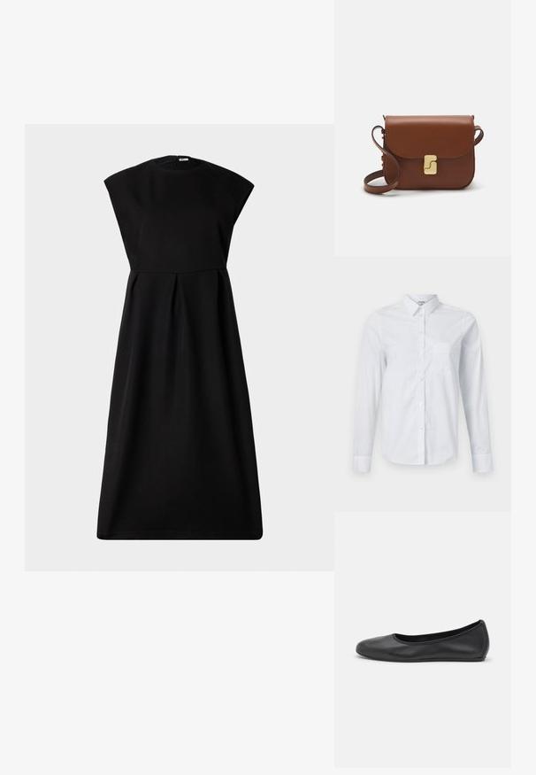 Bally Robe de soirée - black; Chemise blanche à manches longues en coton. Dotée d'un devant à boutons, d'un col pointu et d'une poche poitrine du côté gauche.; Ballerines en cuir noir avec un bout rond, texture lisse, détails de couture minimalistes et design de semelle flexible.; Sac à main en cuir marron avec une fermeture à rabat, des accents en métal doré, une bandoulière et une texture lisse. Forme rectangulaire compacte.