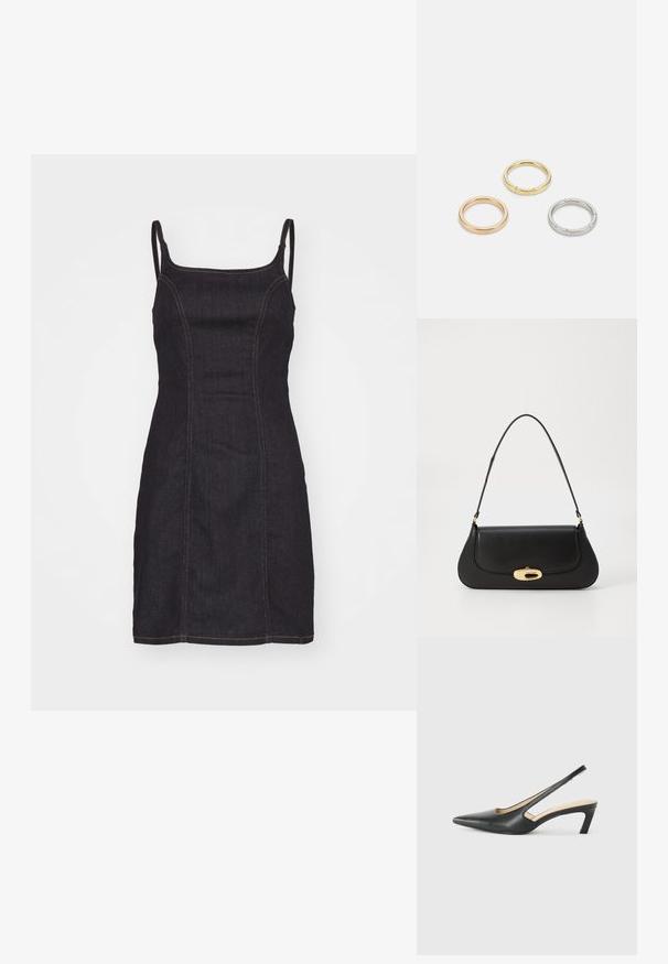 Tamsiai mėlyna džinsinė mini suknelė su plonomis petnešomis, pasižyminti prigludusia forma, matomomis siūlėmis ir tiesia apatine dalimi. Raštų nėra.; Juodas smailus slingback batelis su žemu kulnu, pagamintas iš lygaus odos paviršiaus ir su išpjovomis šone, užtikrinančiomis oro pralaidumą.; Juodas odinis rankinės su išlenktu dizainu, auksinių atspalvių furnitūra ir viršutine rankena. Savybės - stilingas uždarymas ir glotni tekstūra.; Trys metalinės žiedai: vienas rožinės aukso, vienas auksinis su tekstūruotais akcentais ir vienas sidabrinis, visi su įmintu ženklinimu vidinėje juostoje.
