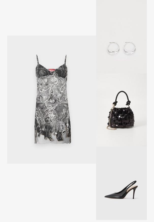 Ermeløs kjole i svart og grå med et abstrakt, virvlende mønster. Har tynne stropper og en subtil bølgekant. Merket er synlig.; Svart lær slingback høye hæler med spiss tå, glatt tekstur og en delikat stropp med en metallisk spenne.; Svart paljettmini-veske med en knyttet teksturert stropp og sølvkjede. Rund form med samlet topp og reflekterende detaljer.; Sølv øreringer i hoop-stil med en polert finish og DKNY-merke, vist mot en enkel hvit bakgrunn.