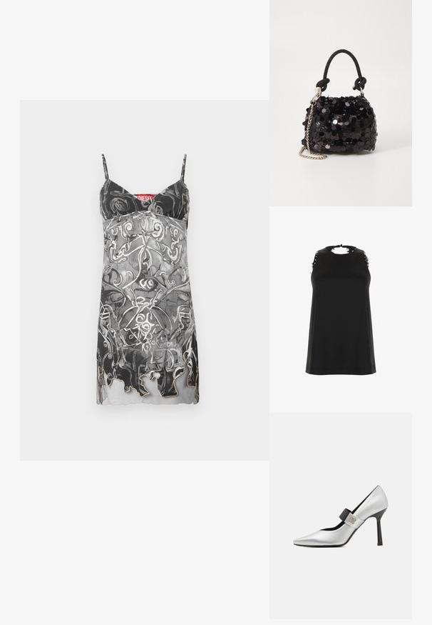 Robe sans manches en noir et gris avec un motif abstrait en tourbillon. Elle présente des bretelles fines et un ourlet légèrement festonné. Étiquette de marque visible.; Top noir sans manches avec un col montant, présentant des accents de dentelle effilochée sur les épaules et une texture lisse et douce.; Chaussure à talon haut en cuir argenté avec un petit orteil pointu, accent de sangle noire et finition brillante, présentant une silhouette élégante et un talon fin.; Mini sac à main en sequins noirs avec une bandoulière texturée nouée et une chaîne argentée. Forme arrondie avec un haut froncé et des détails réfléchissants.