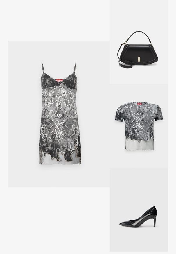 Ärmelloses Kleid in Schwarz und Grau mit einem abstrakten, wirbelnden Muster. Verfügt über dünne Träger und einen dezenten, gewellten Saum. Markenetikett sichtbar.; Kurzarm-T-Shirt in Schwarz und Grau mit einem abstrakten wirbelnden Muster, mit einem gewellten Saum und einem roten Etikett am Ausschnitt.; Schwarze spitz zulaufende High Heels mit glänzender Oberfläche und subtilem Texturmuster. Verfügt über einen moderaten Absatz und ein offenes Schlüpfen-Design.; Schwarze Lederhandtasche mit einem strukturierten Design, das eine verkürzte Form, einen oberen Griff und goldfarbene Hardware-Details aufweist. Verstellbarer Schulterriemen ist enthalten.