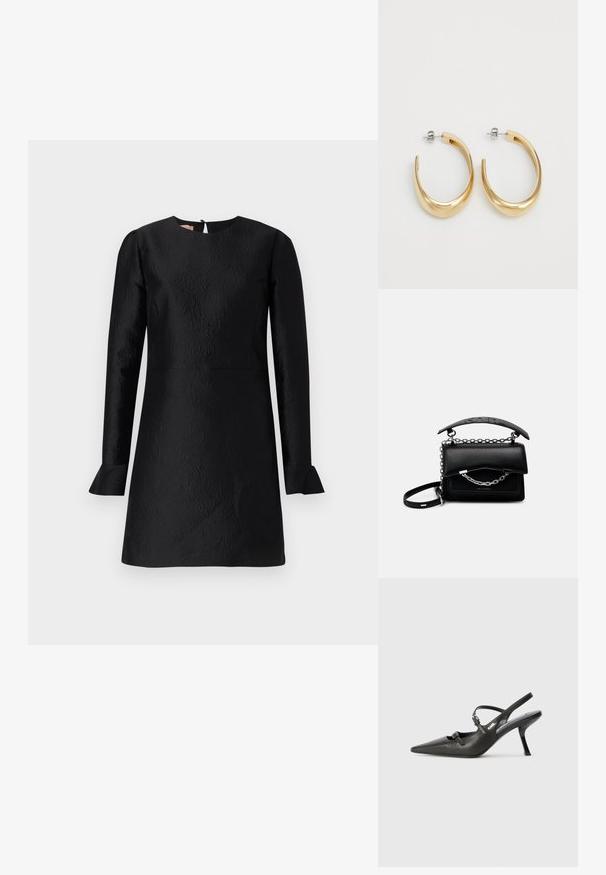 Crna haljina s dugim rukavima, teksturiranim uzorkom, okruglim izrezom i razdvojenim manžetama. Ima zatvaranje na leđima u obliku ključanice.; Crne kožne štikle sa otvorenom petom, s uskim vrhom i dekorativnom kopčom na gornjem dijelu. Glatka tekstura i elegantan dizajn.; Crna kožna torba s strukturiranim dizajnom, akcentima od lanca i drške, i teksturiranom površinom. Ima zatvaranje s preklopom s vidljivim brendom.; Zlatne okrugle naušnice s glatkim, zakrivljenim dizajnom. Izrađene od metala, s elegantnom završnom obradom i zatvaranjem na iglu.