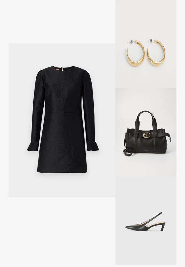 Černé šaty s dlouhými rukávy, texturovaným vzorem, kulatým výstřihem a rozšířenými manžetami. Obsahují uzávěr na klíčovou dírku na zadní straně.; Černý špičatý slingback s nízkým podpatkem, vyrobený z hladké kůže, s výřezem na boku pro lepší prodyšnost.; Černá kožená kabelka s upraveným designem, dvojitými vrchními madly, pozlaceným přezkovým akcentem a vyraženým logem značky na přední straně.; Zlaté kroužkové náušnice s hladkým, zakřiveným designem. Vyrobené z kovu, mají elegantní povrchovou úpravu a uzávěr s hrotem.