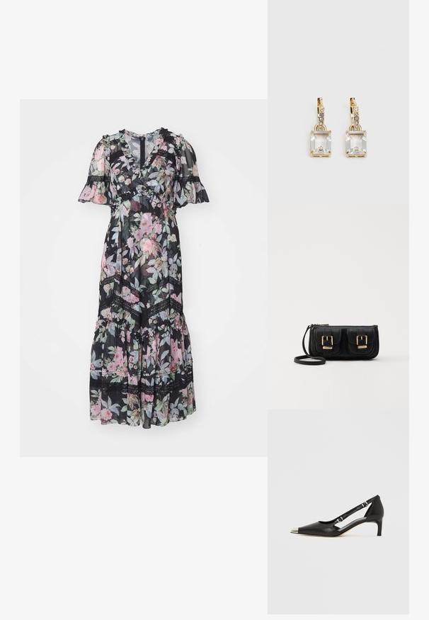 Rochie maxi dintr-un material transparent de culoare neagră, cu un imprimeu floral în nuanțe de roz și verde, având mâneci scurte cu volane și accente din dantelă de-a lungul cusăturilor.; Pantof de damă din piele neagră cu toc kitten, vârf ascuțit argintiu și două curele cu cataramă, pe fundal alb.; Geantă neagră din piele, tip crossbody, cu două buzunare frontale, catarame aurii, închidere cu fermoar și o curea subțire. Suprafață texturată și formă rectangulară compactă.; Cercei aurii care prezintă un cristal clar, rectangular, suspendat sub un rând de accente mici, rotunde, clare. Design elegant și modern.