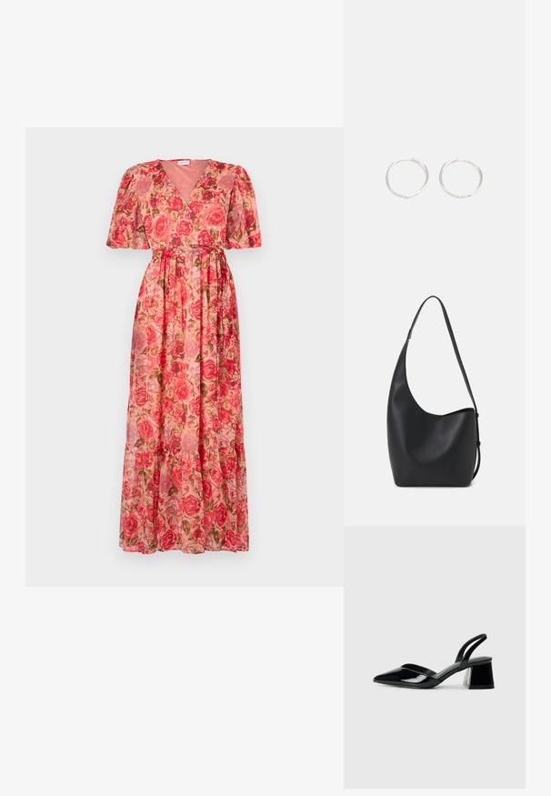 Virágmintás, könnyű anyagú maxiruha, V-nyakkivágással, rövid puffos ujjal és réteges szegéllyel. Főleg rózsaszín, rózsa mintákkal.; Fekete lakk bőr szandálkés magas sarkú cipő, hegyes orral és geometrikus tömbsarkakkal. Karcsú, minimalista dizájn és sima textúra jellemzi.; Fekete bőr hobo táska sima textúrával, ívelt formával és egyetlen állítható pánttal; széles nyílás található a tetején.; Ezüst karika fülbevalók, letisztult, kerek formával, sima felülettel és látható díszítés nélkül. A átmérő nem megadott.
