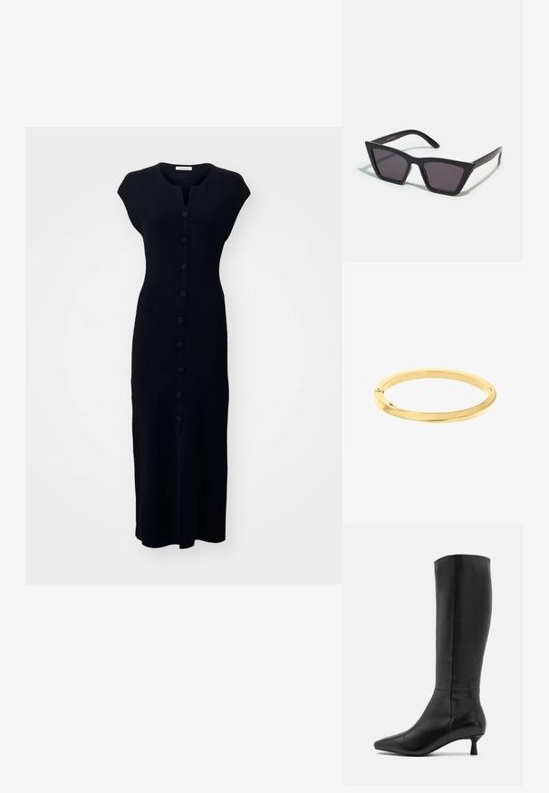 By Malene Birger BIELAS - Tubino - black; Zign Stivali alti - black; Occhiali da sole neri e angolari con lenti grigie; realizzati in plastica, con aste spesse dalla superficie liscia e senza hardware visibile.; Bracciale sottile in oro lucido con forma rotonda e branding sottile. Presenta un design senza soluzione di continuità e un'estetica minimalista.