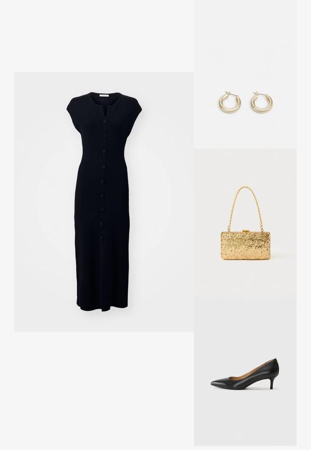 By Malene Birger BIELAS - Robe fourreau - black; Pompe noire en cuir avec un embout pointu, un petit talon et une texture lisse. Présente une légère ouverture à l'avant et un matériel minimal à l'arrière.; Pochette en sequins dorés de forme rectangulaire, dotée d'une poignée en chaîne torsadée et d'une fermeture à fermoir en métal, réfléchissant la lumière avec une finition texturée.; Lauren Ralph Lauren BASIC SMALL HOOP - Boucles d'oreilles - gold-coloured