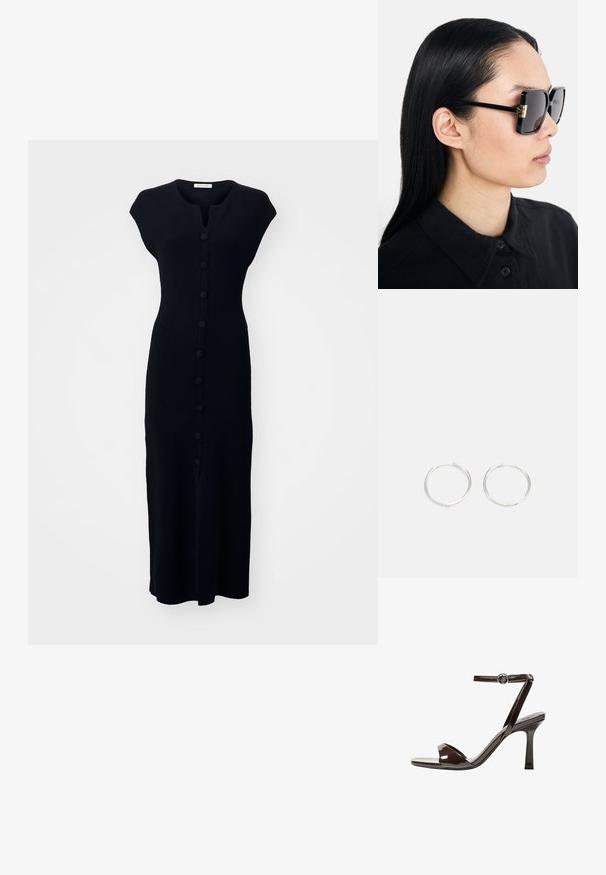 By Malene Birger BIELAS - Rochie tip creion - black; Sandale cu toc înalt din piele lacuită maro, cu bretele la gleznă, vârf deschis și un design elegant, minimalist. Dispune de un toc pătrat.; Tory Burch Ochelari de soare - black/dark grey; Cercei din argint cu un design elegant și rotund, având o suprafață netedă și fără embellismente vizibile. Diametrul nu este specificat.