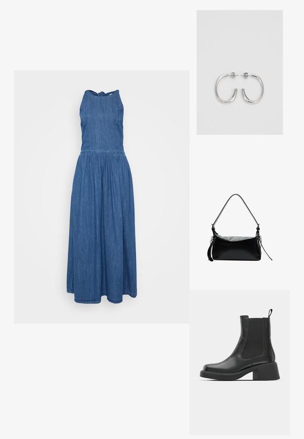Denim maksi obleka s prilegajočim bodicem in razširjenim krilom. Oblika s halter vratom, temno modra barva in elastičen pas za udobje.; Črne usnjene gležnjarje z elastičnimi stranskimi paneli, zaobljenim nosom in masivnim blokastim peto. Gladka tekstura z minimalističnim dizajnom.; Črna usnjena torbica z ukrivljenim naramnicami, gladka površina, pravokotna oblika, zadrga in srebrni dodatki.; Srebrne obročaste uhane z gladko, sijočo površino. Zaobljena oblika, lahka zasnova, z zapiranjem na zatič.
