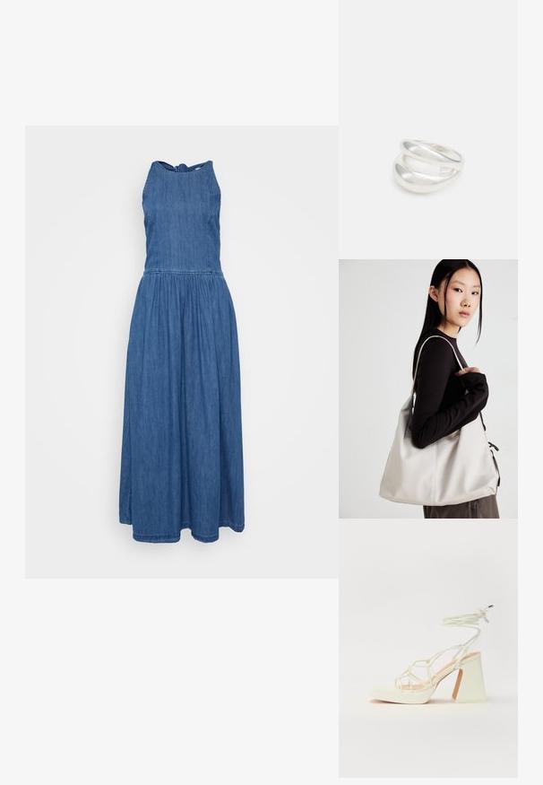 Denima maksi kleita ar pieguļošu augšdaļu un platām svārku daļām. Halter stila kakla dizains, tumši zila krāsa un elastīga josta komfortam.; Baltas augstpapēžu sandales ar masīvu papēdi, ar siksnu dizainu un potītes saistītiem elementiem. Gluda tekstūra ar platformu priekšpusē, lai nodrošinātu papildu augstumu.; Bežs rokassoma, izgatavota no mīksta materiāla, ar brīvu dizainu, izšūtu apdari un divām plecu siksnām. Piemērota ikdienas lietošanai.; Sudraba divu joslu gredzens ar gludu, pulētu virsmu. Iezīmējas ar plūstošu, izliekta dizaina struktūru ar pārklājošām sekcijām modernam izskatam.