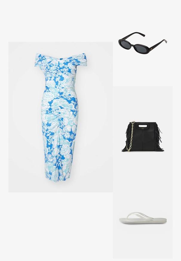 Sukienka na ramiączkach w kolorze niebieskim z białym kwiatowym nadrukiem, z efektownymi marszczeniami i dopasowanym krojem, wykonana z teksturowanej tkaniny.; Białe klapki z teksturowaną podeszwą, z cienkimi paskami i płaskim fasonem. Wykonane z gumy, z subtelnym logo na wkładce.; Czarne, oversize okulary przeciwsłoneczne z owalnymi soczewkami, gładkim plastikowym mostkiem i złotymi akcentami na zausznikach. Ciemne soczewki zapewniają ochronę przed słońcem.; Czarna skórzana torebka na ramię z frędzlami, złotym łańcuszkiem oraz wyciętym uchwytem. Posiada umieszczone na przodzie logo.