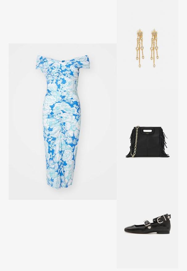 Off-the-shoulder dress in blue with white floral print, featuring ruching details and a fitted silhouette, made from a textured fabric.; Black patent leather flat shoe with a squared toe, ankle strap featuring silver hardware, and flat sole. Smooth texture with minimalist design.; Black leather handbag with fringe details, gold chain shoulder strap, and a cut-out handle. Features logo placement on the front.; Gold-tone earrings with multiple cascading chains, featuring clear oval rhinestone accents and decorative stud tops.