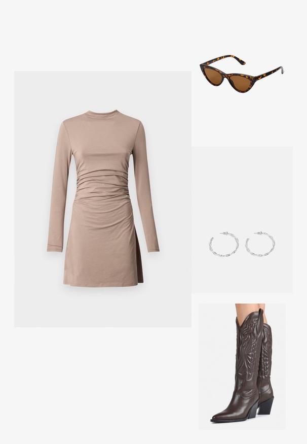 Langärmliges, knielanges Kleid in hellem Beige mit einem gerafften Design an der Taille, weichem Stretchmaterial und einem runden Ausschnitt.; Braune Leder-Cowboy-Stiefel mit spitzem Punkt und Blockabsatz, die über detaillierte Stickereien und hervorgehobene Akzente am Schaft verfügen.;  Katzenaugen-Sonnenbrille mit einem schwarz-orangenen Schildpattrahmen, braunen Gläsern und schlanken, spitzen Enden. Verfügt über ein minimalistisches Logo am Bügel.; Silberne Creolen mit gedrehter Gestaltung, ausgestattet mit einer polierten Oberfläche und einer Steckverschluss. Sie haben einen Durchmesser von ca. 3 cm.