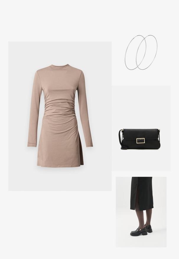 Dolga rokav, obleka do kolen v svetlem bež odtenku, z naborki na pasu, mehkega raztegljivega materiala in okroglega izreza.; Črne usnjene čevlje s zaobljenim prstom, debelim blokastim petama in elastičnimi stranskimi detajli, v kombinaciji s temno nogavicami in črno krilo z razporkom.; Črna usnjena torbica na preklop z zlato kovinsko zaponko. Vključuje črn trak in eleganten, minimalističen dizajn.; Srebrne uhane v obliki obroča z minimalističnim dizajnom. Krožna oblika, gladka tekstura in tanek profil. Lahki s poliranim zaključkom.