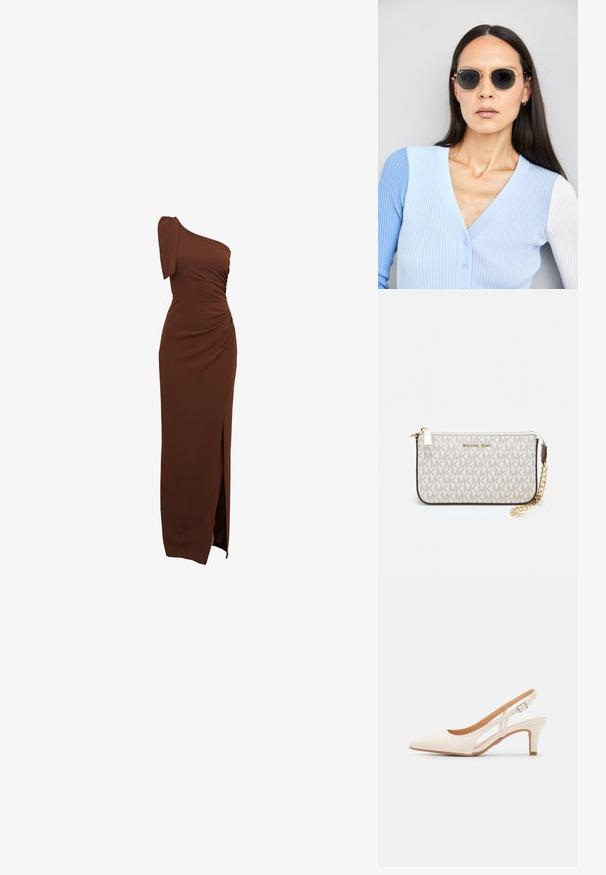 Pruun ühele õlale loodud kleit, millel on volditud detailid, külgsisselõige ja keha lähedane siluett, valmistatud siledast ja venivast kangast.; Valge slingback konts, terava ninaga, siledast ülemisest materjalist, madala ploki kontsaga ja külgse nähtavusega ning reguleeritava pandla rihmaga.; Ringikujulised prillid tumedate läätsede ja kullast raamiga. Mudel on selga pannud helesinise soonikuga kardigani, millel on nupud ja kontrastsed valged varrukad.; Michael Korsi randmevõru beige kaetud kangast, millel on korduv MK logo muster, kuldne riistvara ja eemaldatav ahelistrap.