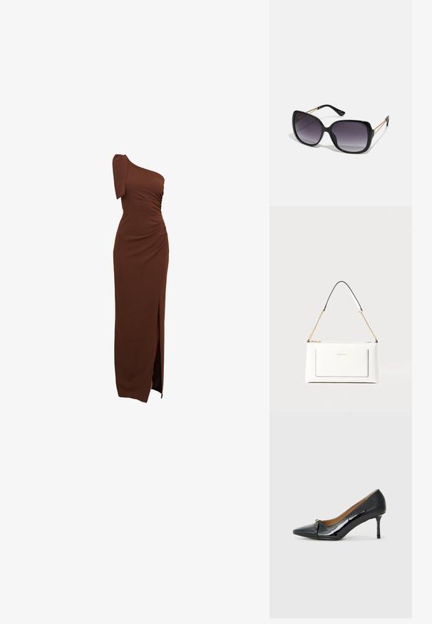 Barna, egyvállas ruha, fodros részletekkel, oldalsó hasítékkal és testhez simuló siluettel, sima, rugalmas anyagból.; Fekete lakkbőr magassarkú cipő hegyes orral, díszes pánttal elöl, és vékony stiletto sarokkal.; Fekete, oversize napszemüveg fokozatos árnyalatú lencsékkel, vastag kerettel és arany színű lánc díszítéssel a szárakon.; Fehér bőr kézitáska, texturált felülettel, arany lánccal és fekete részletekkel. Elülső zsebbel és cipzáros zárással rendelkezik.