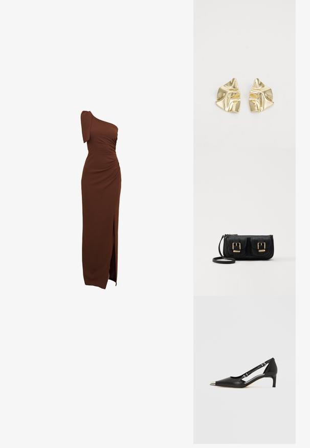 Smeđa haljina s jednim ramenom, s naborima, bočnim prorezom i prilagođenim krojem izrađena od glatkog, rastezljivog materijala.; Crni kožni kitten heel s nazubljenim srebrnim vrhom i dvostrukim remenčićima na bijeloj pozadini.; Crna kožna torba preko ramena s dva prednja džepa, zlatnim kopčama, zatvaranjem na zip i uskim remenom. Teksturirana površina i kompaktan pravokutan oblik.; Zlatne metalne naušnice s valovitom dizajnom; glatka, reflektirajuća površina; asimetričan oblik; bez vidljivih uzoraka ili hardvera.