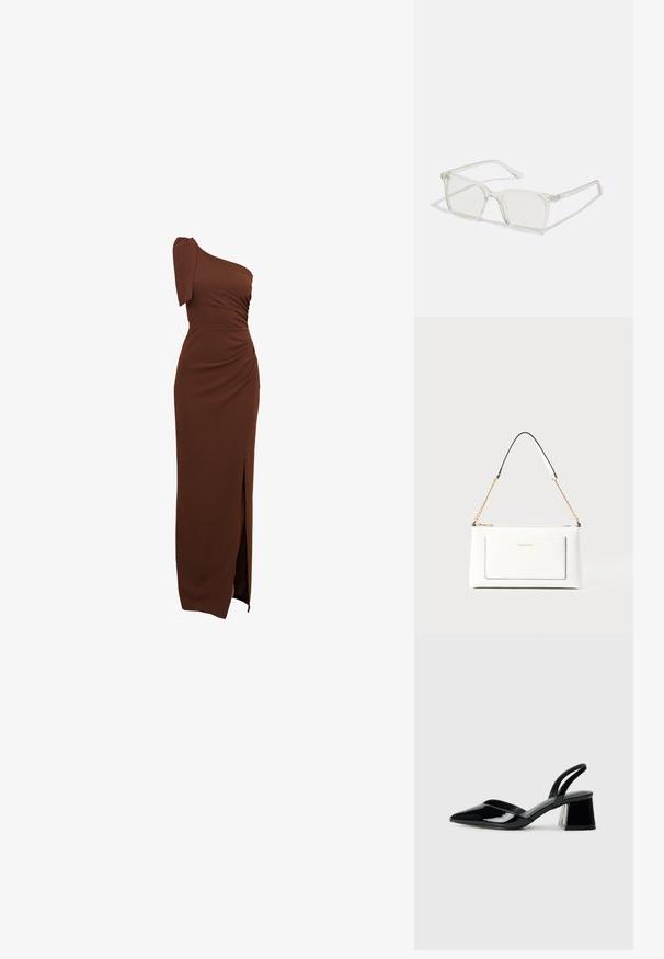 Vestido castanho de um só ombro com detalhes drapeados, uma fenda lateral e um corte justo, feito de um tecido liso e elástico.; Sandy em verniz preto com salto slingback, ponta afilada e salto geométrico. Apresenta um design elegante e minimalista com textura suave.; Óculos quadrados de plástico transparente com lentes translúcidas, apresentando detalhes em dourado nas hastes.; Bolsa de mão branca em couro com acabamento texturizado, featuring a corrente dourada e detalhes pretos. Inclui um bolso frontal e fecho com zipper.