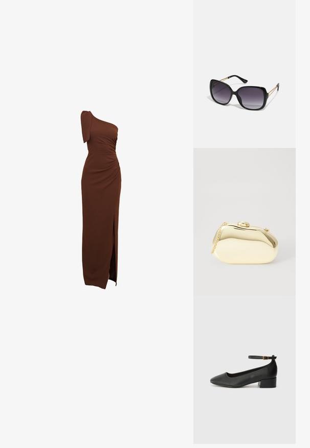 Hnedé jedno-ramenné šaty s riasením, bočným rozparkom a priliehavým siluetou vyrobené z hladkej, elastickej tkaniny.; Čierne kožené lodičky s špicatou špičkou a nízkym blokovým podpätkom. Obsahuje remienok okolo členka so zlatým prackou. Hladký povrch.; Čierne oversized slnečné okuliare s gradientovými sklíčkami, hrubými rámami a zlatým retiazkovým detailom na stranách.; Kovová zlatá kabelka s hladkým, zaobleným tvarom, ktorá má horné zapínanie na gombík a malý reťazový popruh na nosenie.