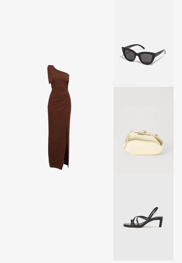 Barna, egyvállas ruha, fodros részletekkel, oldalsó hasítékkal és testhez simuló siluettel, sima, rugalmas anyagból.; Fekete pántos szandál négyzetes orral és alacsony blokk sarkal. Több vékony pánttal és állítható boka pánttal rendelkezik. Sima bőrből készült.; Fekete macskaszem napszemüveg matt felülettel, szürke árnyalatú lencsékkel, éles vonalakkal és karcsú oldalsó karokkal. A márkaneve látható a belső karon.; Fémes arany színű kistáska sima, lekerekített formával, tetején gombos záródással és kis láncfogóval a hordozáshoz.