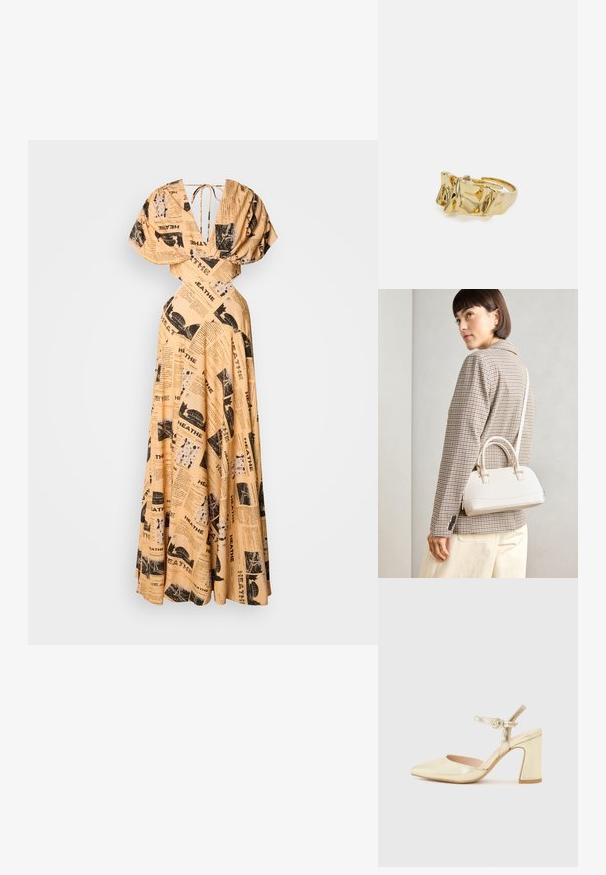 Garšs, bēšs kleits ar melnu laikraksta izdruku. Tam ir dziļa V veida kakla izgriezums, pūkainas piedurknes un savērtas aizmugurē. Plūstoša svārku daļa ar krokām.; Zelta metāla augstpapēžu kurpes ar norādītu purngalu, potītes siksniņu ar apaļo aizdari un masīvu papēdi. Gluda tekstūra.; Balta strukturēta roku soma ar īsām rokturiem un plecu siksnu, ar zelta aparatūras akcentiem un strukturētu materiālu, izstādīta uz pelēka fona.; Zelta gredzens ar teksturētu, viļņotu dizainu, kas rotāts ar trim izteiktām virsotnēm. Gluda, spīdīga virsma ar atvērtu joslu, lai to varētu pielāgot.